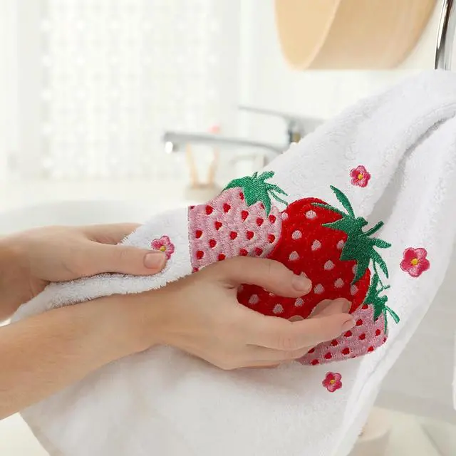 Alt view image 7 of 7 - Strawberry Hand Towels for Bathroom Set of 2, Strawberry Bathroom Decor, Spring Pink Cotton Soft Embroidered Towels for Kitchen Bath 14x30 Inches, Summer Decorations Hand Towels Gifts