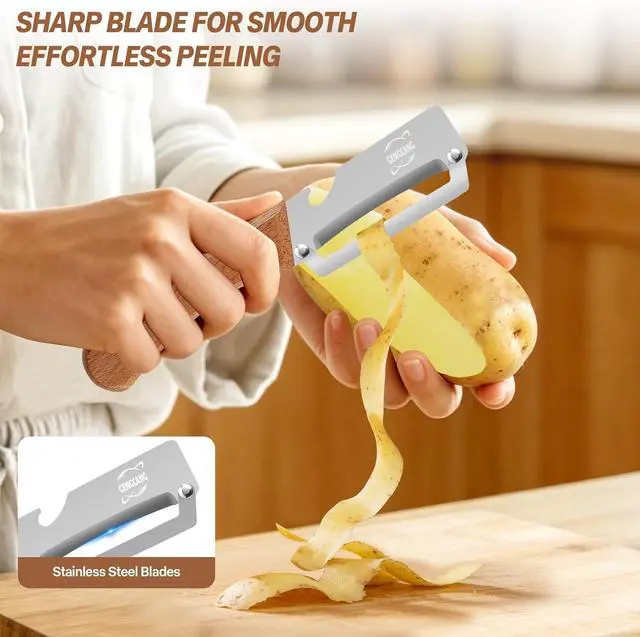 Alt view image 3 of 7 - MultiFunctional Vegetable Peeler, Non-Slip Wooden Handle with Sharp Stainless Steel Blade, Built-in Bottle Opener - Perfect Kitchen Peeler For Veggie, Fruit, Potato, Carrot, Apple
