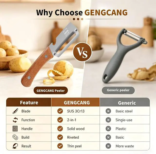 Alt view image 5 of 7 - MultiFunctional Vegetable Peeler, Non-Slip Wooden Handle with Sharp Stainless Steel Blade, Built-in Bottle Opener - Perfect Kitchen Peeler For Veggie, Fruit, Potato, Carrot, Apple