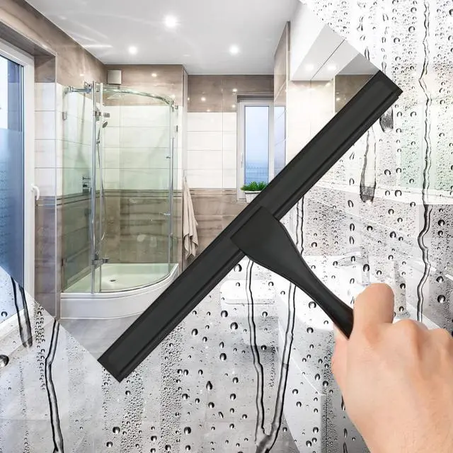 Alt view image 3 of 7 - All-Purpose Stainless Steel Shower Squeegee for Shower Glass Door with Adhesive Hook, Bathroom Cleaner Tool Household Window Mirror Squeegee for Glass Doors, Cleaning Tile Wall, Car, 10 inch, Black