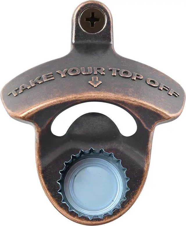 Main image of Magnetic Wall Mounted Beer Bottle Cap Opener Rustic with Screws | Antique Cooper, Stainless Metal, Funny Embossed, Built-in Magnets to Catch Cap, Wall Hanging for Wooden Caddy Table