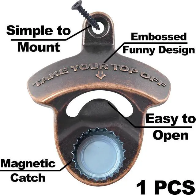Alt view image 2 of 5 - Magnetic Wall Mounted Beer Bottle Cap Opener Rustic with Screws | Antique Cooper, Stainless Metal, Funny Embossed, Built-in Magnets to Catch Cap, Wall Hanging for Wooden Caddy Table