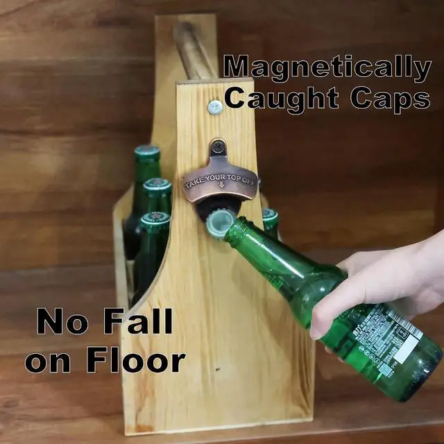 Alt view image 3 of 5 - Magnetic Wall Mounted Beer Bottle Cap Opener Rustic with Screws | Antique Cooper, Stainless Metal, Funny Embossed, Built-in Magnets to Catch Cap, Wall Hanging for Wooden Caddy Table
