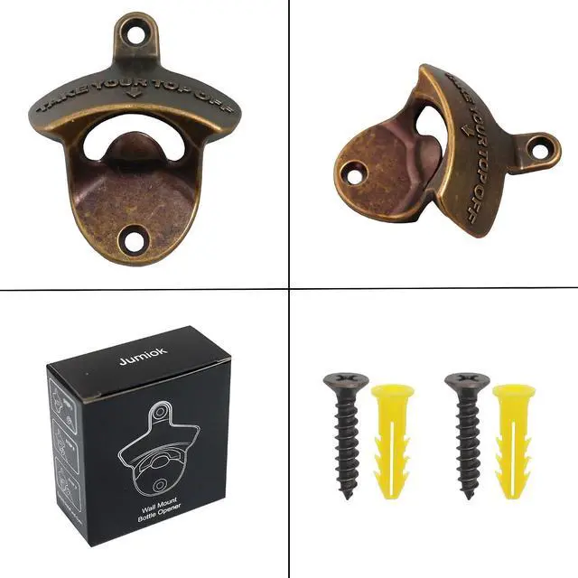 Alt view image 4 of 5 - Magnetic Wall Mounted Beer Bottle Cap Opener Rustic with Screws | Antique Cooper, Stainless Metal, Funny Embossed, Built-in Magnets to Catch Cap, Wall Hanging for Wooden Caddy Table