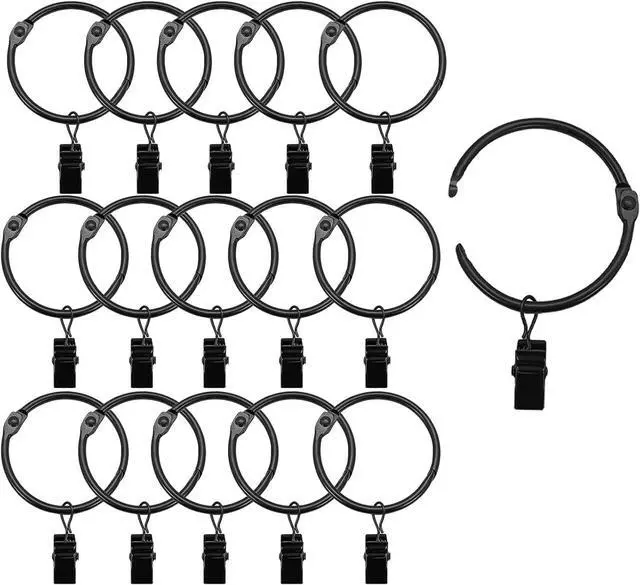 Main image of 16 Pack Openable Curtain Rings with Clips, Black Shower Curtain Hooks Curtain Clips Rings for Hanging Drapery Drapes Bows, 1 Inch Diameter, Fits up to 5/8" Rod