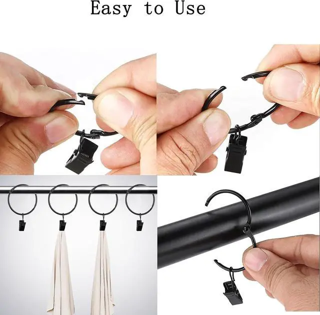 Alt view image 6 of 6 - 16 Pack Openable Curtain Rings with Clips, Black Shower Curtain Hooks Curtain Clips Rings for Hanging Drapery Drapes Bows, 1 Inch Diameter, Fits up to 5/8" Rod