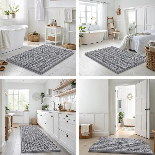 Alt view image 7 of 7 - Smiry Bathroom Rugs 30X20, Extra Soft Rubber Backing Chenille Bath Mats | Grey Machine Washable Non Slip Quick Dry Bath Mats for Bathroom Floor, Tub, Shower, Home Decor Accessories