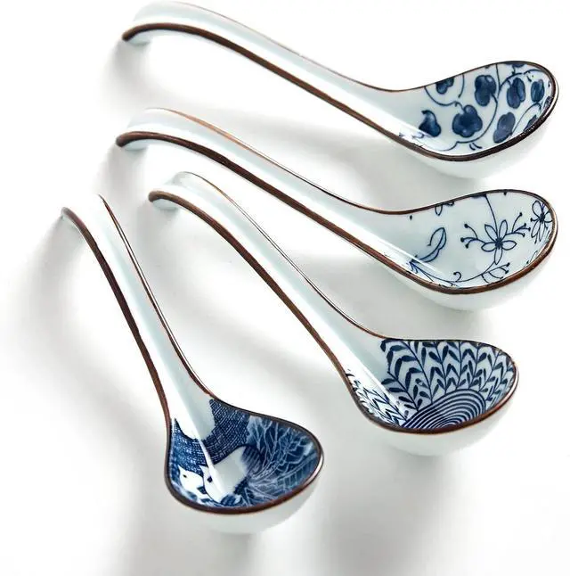 Main image of Ceramic Asian Soup Spoons, Easy to Hold, Long Handle Perfect Depth Spoon Set for Japanese Ramen Noodles, Chinese Dumpling, Pho, Miso, Wonton, Dishwasher Safe -Set of 4 - Blue