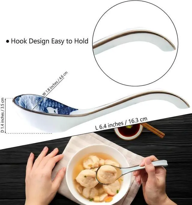 Alt view image 3 of 7 - Ceramic Asian Soup Spoons, Easy to Hold, Long Handle Perfect Depth Spoon Set for Japanese Ramen Noodles, Chinese Dumpling, Pho, Miso, Wonton, Dishwasher Safe -Set of 4 - Blue