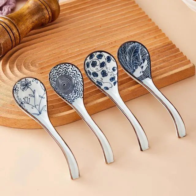 Alt view image 7 of 7 - Ceramic Asian Soup Spoons, Easy to Hold, Long Handle Perfect Depth Spoon Set for Japanese Ramen Noodles, Chinese Dumpling, Pho, Miso, Wonton, Dishwasher Safe -Set of 4 - Blue
