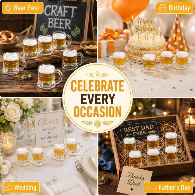 Alt view image 6 of 6 - ZZYFGH 12 Pcs Mini Plastic Beer Mugs, 1 Oz Clear Plastic Shot Glasses Beer Mug with Handles, Reusable Beer Stein Tasting Glasses for Beer Fest, Birthday, Weddings, Father's Day Party Supplies