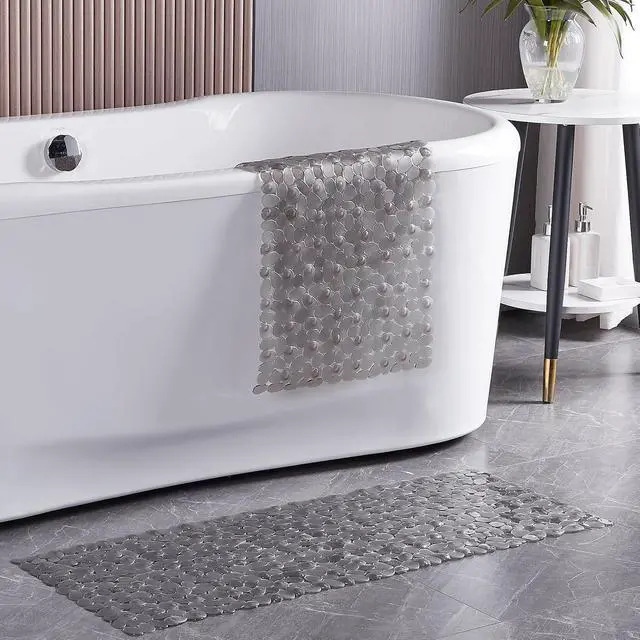 Alt view image 3 of 7 - Webos Bath Shower Mat Non Slip: Extra Large Pebble Bathtub mat for Families, Anti Slip Shower Matt with Drain Holes Suction Cups Tub Mat - 16 X 40 Inch Clear Grey