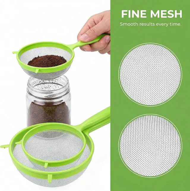 Alt view image 6 of 7 - 3Pcs Green Plastic Strainer, Flour Sifter Set with Long Handle, Fine Mesh Colander for Flour, Coffee, Tea