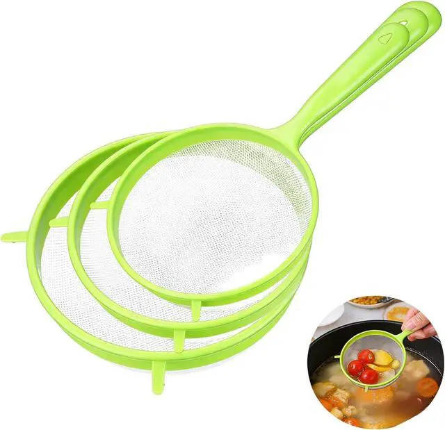 Alt view image 7 of 7 - 3Pcs Green Plastic Strainer, Flour Sifter Set with Long Handle, Fine Mesh Colander for Flour, Coffee, Tea