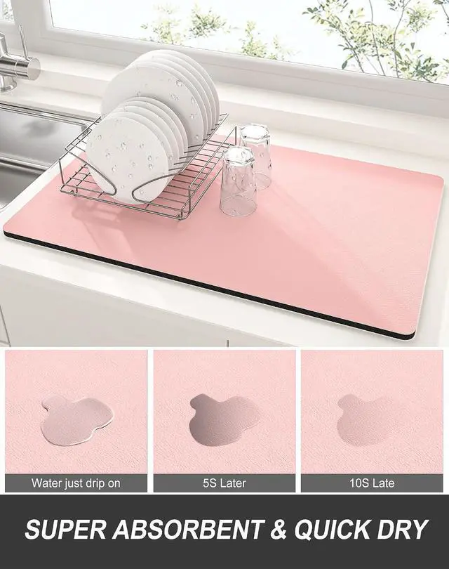 Alt view image 3 of 7 - Rnivvi Dish Drying Mat for Kitchen Counter, 12 x 19" Super Absorbent Drainer Pad Easy Clean Dish Rack Pad, Non-Slip Heat Resistant Coffee Bar Mats for Coffee Machine Station Accessories Decor, Pink