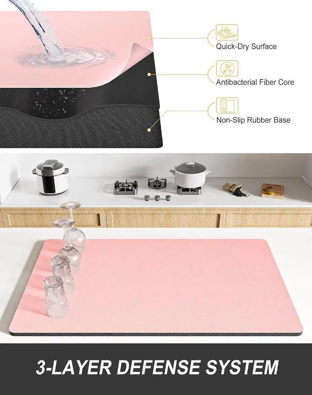 Alt view image 4 of 7 - Rnivvi Dish Drying Mat for Kitchen Counter, 12 x 19" Super Absorbent Drainer Pad Easy Clean Dish Rack Pad, Non-Slip Heat Resistant Coffee Bar Mats for Coffee Machine Station Accessories Decor, Pink