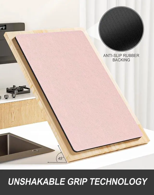 Alt view image 5 of 7 - Rnivvi Dish Drying Mat for Kitchen Counter, 12 x 19" Super Absorbent Drainer Pad Easy Clean Dish Rack Pad, Non-Slip Heat Resistant Coffee Bar Mats for Coffee Machine Station Accessories Decor, Pink