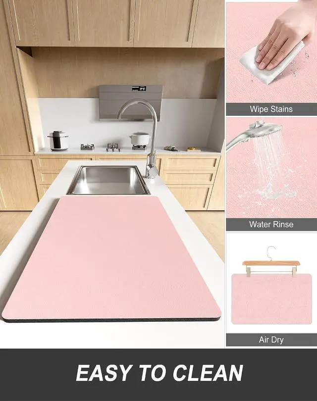 Alt view image 6 of 7 - Rnivvi Dish Drying Mat for Kitchen Counter, 12 x 19" Super Absorbent Drainer Pad Easy Clean Dish Rack Pad, Non-Slip Heat Resistant Coffee Bar Mats for Coffee Machine Station Accessories Decor, Pink