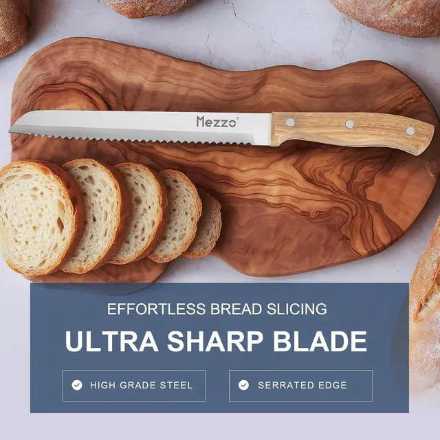 Alt view image 3 of 7 - Mezzo Serrated Bread Knife for Homemade Bread, High Carbon Steel Sourdough Knife Cutter for Slicing Bread, Bagels & Cake, Razor Sharp Premium 8-Inch Bread Cutting Knives with Gift Box