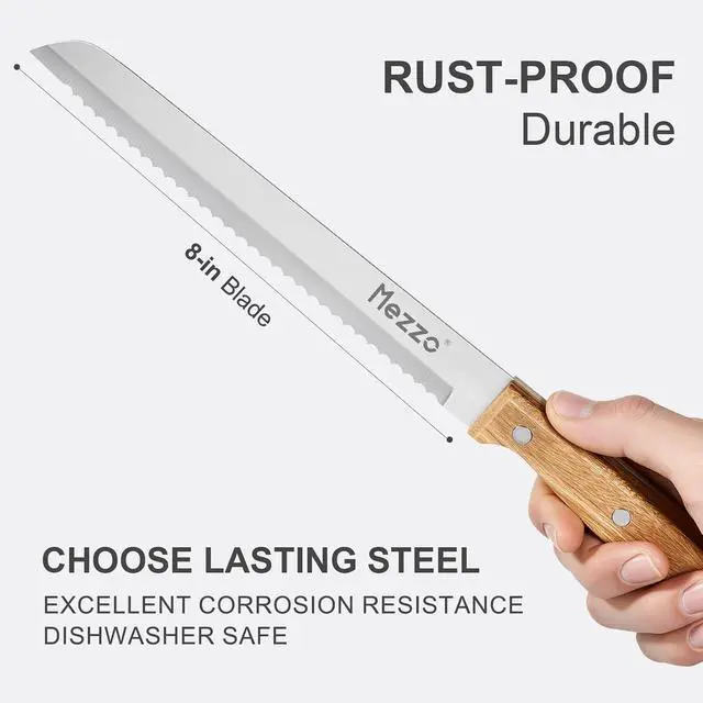 Alt view image 4 of 7 - Mezzo Serrated Bread Knife for Homemade Bread, High Carbon Steel Sourdough Knife Cutter for Slicing Bread, Bagels & Cake, Razor Sharp Premium 8-Inch Bread Cutting Knives with Gift Box