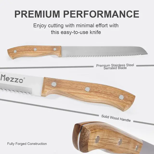 Alt view image 5 of 7 - Mezzo Serrated Bread Knife for Homemade Bread, High Carbon Steel Sourdough Knife Cutter for Slicing Bread, Bagels & Cake, Razor Sharp Premium 8-Inch Bread Cutting Knives with Gift Box