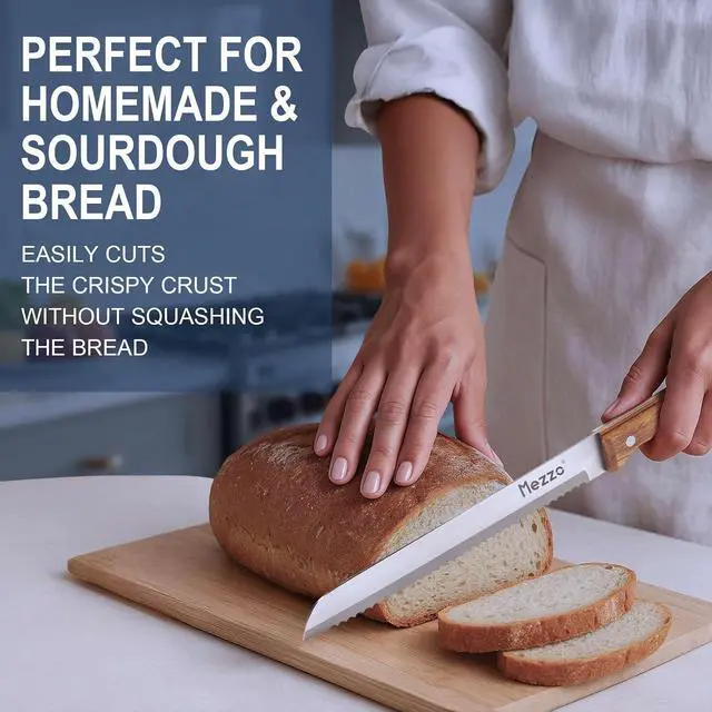 Alt view image 6 of 7 - Mezzo Serrated Bread Knife for Homemade Bread, High Carbon Steel Sourdough Knife Cutter for Slicing Bread, Bagels & Cake, Razor Sharp Premium 8-Inch Bread Cutting Knives with Gift Box