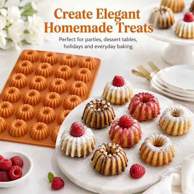 Alt view image 6 of 7 - 2 Pack Bundt Cake Silicone Mold, 48 Cavity Fluted Ring Baking Pan, Nonstick Buntz Mold for Chocolate, Jelly, Pudding, Ice Cubes, Donuts and Bite Size Cakes