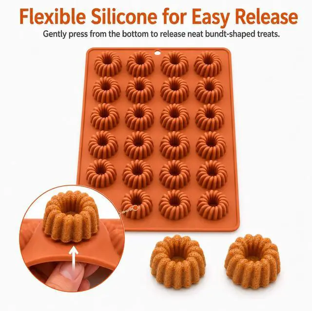 Alt view image 4 of 7 - 2 Pack Bundt Cake Silicone Mold, 48 Cavity Fluted Ring Baking Pan, Nonstick Buntz Mold for Chocolate, Jelly, Pudding, Ice Cubes, Donuts and Bite Size Cakes