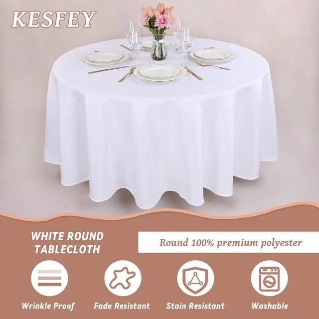 Alt view image 4 of 7 - Kesfey 2 Packs White Round Tablecloth 70 Inches White Polyester Table Cloths Circle Stain and Wrinkle Resistant Tablecloths for Round Tables Washable Fabric Table Covers for Wedding Banquet Parties