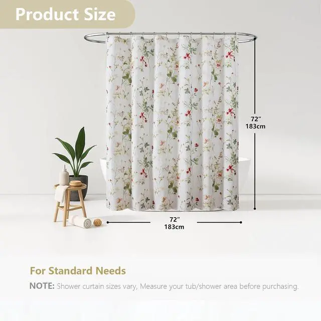 Alt view image 2 of 7 - OVZME Floral Printed Shower Curtain 72 Inch Length, Farmhouse Soft Fabric Watercolor Leaf Floral Waterproof Shower Curtain for Bath Bathtub, Chic Boho Rustic Bathroom Decoration, 72Wx72L Inches