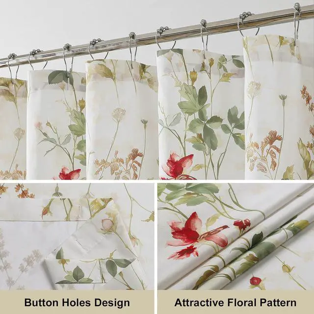 Alt view image 3 of 7 - OVZME Floral Printed Shower Curtain 72 Inch Length, Farmhouse Soft Fabric Watercolor Leaf Floral Waterproof Shower Curtain for Bath Bathtub, Chic Boho Rustic Bathroom Decoration, 72Wx72L Inches