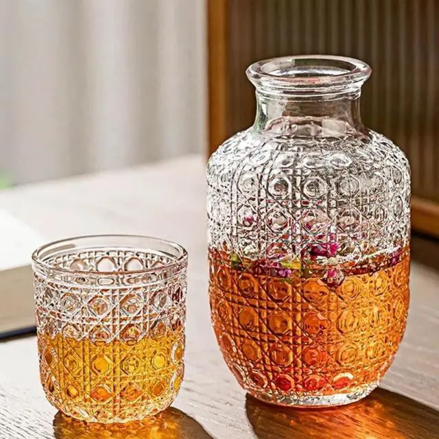 Main image of Bedside Water Carafe Set With Tumbler, Bedside Water Carafe and Glass Set for Bedroom Nightstand 1 Pitcher 15 oz and 1 Cup 5.5 oz, Glass Mouthwash Decanter for Bathroom, Gemstone Pattern 1PACK