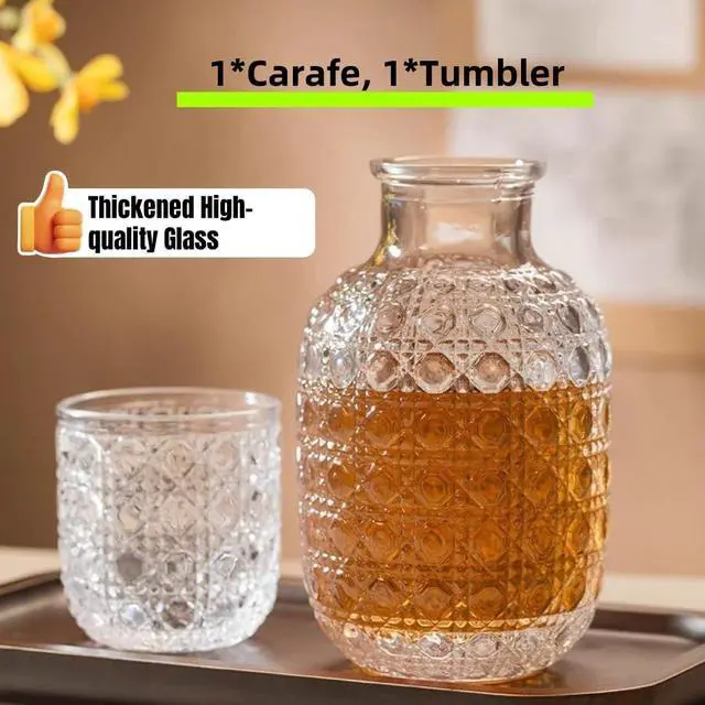 Alt view image 2 of 7 - Bedside Water Carafe Set With Tumbler, Bedside Water Carafe and Glass Set for Bedroom Nightstand 1 Pitcher 15 oz and 1 Cup 5.5 oz, Glass Mouthwash Decanter for Bathroom, Gemstone Pattern 1PACK