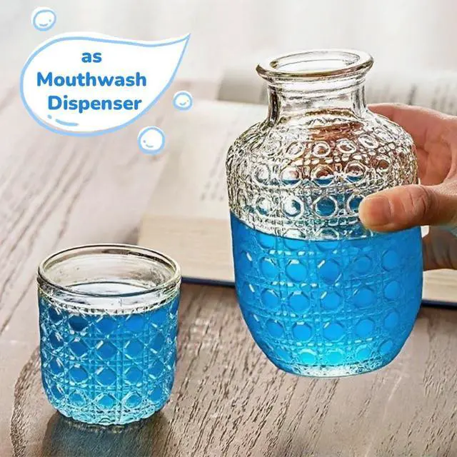 Alt view image 5 of 7 - Bedside Water Carafe Set With Tumbler, Bedside Water Carafe and Glass Set for Bedroom Nightstand 1 Pitcher 15 oz and 1 Cup 5.5 oz, Glass Mouthwash Decanter for Bathroom, Gemstone Pattern 1PACK