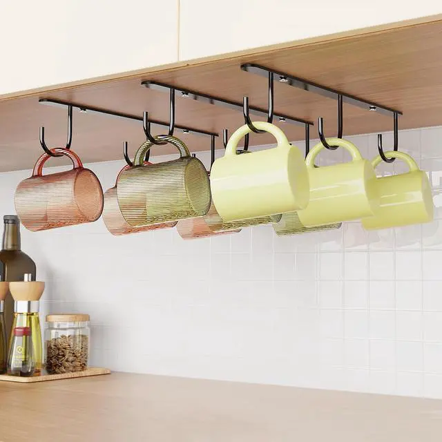 Main image of 3 Pack Mug Hooks Under Cabinet with 9 Hooks for Displaying Mugs, Black | Coffee Mug Holder for Hanging Under Shelf, Cup Hanger, Coffee Cups and Kitchen Utensils