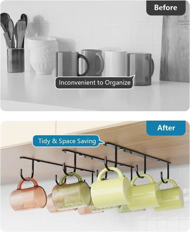 Alt view image 2 of 7 - 3 Pack Mug Hooks Under Cabinet with 9 Hooks for Displaying Mugs, Black | Coffee Mug Holder for Hanging Under Shelf, Cup Hanger, Coffee Cups and Kitchen Utensils
