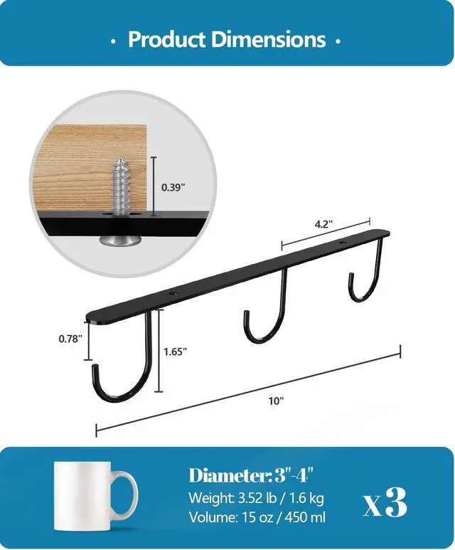 Alt view image 4 of 7 - 3 Pack Mug Hooks Under Cabinet with 9 Hooks for Displaying Mugs, Black | Coffee Mug Holder for Hanging Under Shelf, Cup Hanger, Coffee Cups and Kitchen Utensils