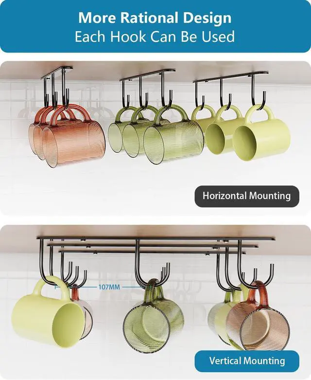Alt view image 5 of 7 - 3 Pack Mug Hooks Under Cabinet with 9 Hooks for Displaying Mugs, Black | Coffee Mug Holder for Hanging Under Shelf, Cup Hanger, Coffee Cups and Kitchen Utensils