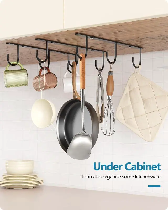 Alt view image 7 of 7 - 3 Pack Mug Hooks Under Cabinet with 9 Hooks for Displaying Mugs, Black | Coffee Mug Holder for Hanging Under Shelf, Cup Hanger, Coffee Cups and Kitchen Utensils