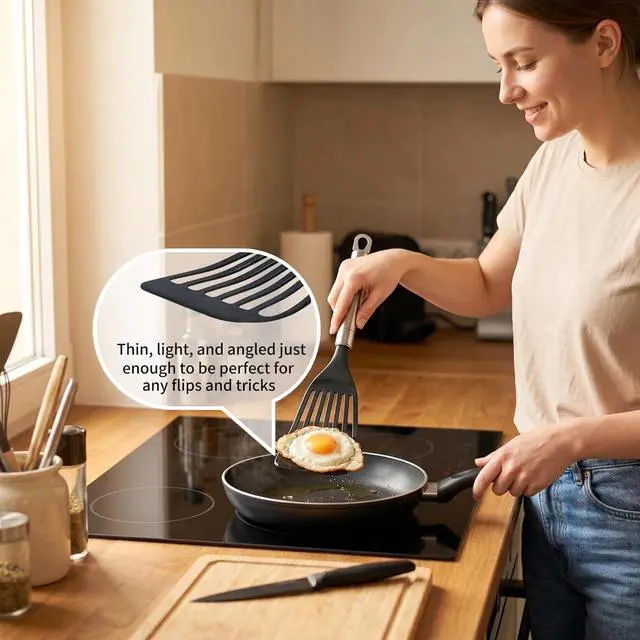 Alt view image 2 of 6 - KSENDALO Thin Flexible Fish Spatula for Nonstick Cookware, Black | Egg Flipper Turner w/Hollow Steel Handle, Slotted Angled LFGB Complaint Nylon Blade, Dishwasher Safe, Silver Handle