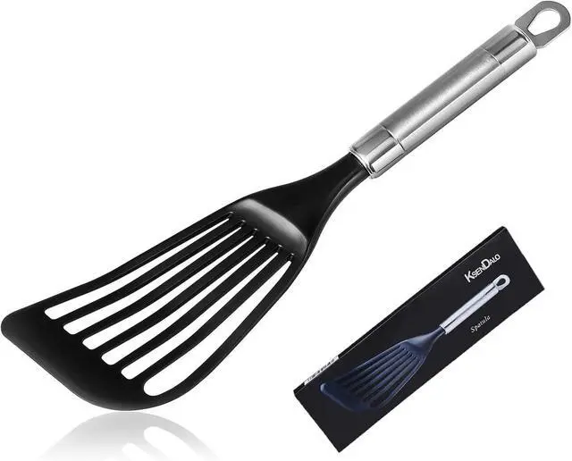 Main image of KSENDALO Thin Flexible Fish Spatula for Nonstick Cookware, Black | Egg Flipper Turner w/Hollow Steel Handle, Slotted Angled LFGB Complaint Nylon Blade, Dishwasher Safe, Silver Handle