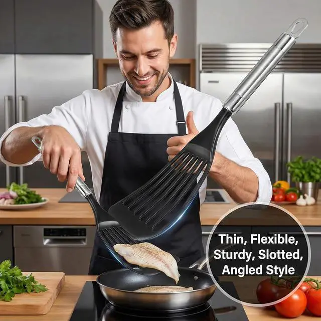 Alt view image 5 of 6 - KSENDALO Thin Flexible Fish Spatula for Nonstick Cookware, Black | Egg Flipper Turner w/Hollow Steel Handle, Slotted Angled LFGB Complaint Nylon Blade, Dishwasher Safe, Silver Handle