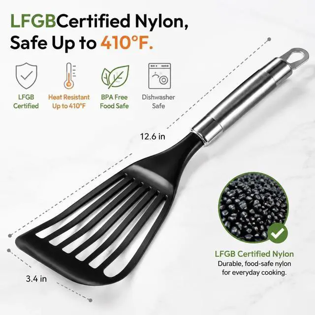 Alt view image 3 of 6 - KSENDALO Thin Flexible Fish Spatula for Nonstick Cookware, Black | Egg Flipper Turner w/Hollow Steel Handle, Slotted Angled LFGB Complaint Nylon Blade, Dishwasher Safe, Silver Handle