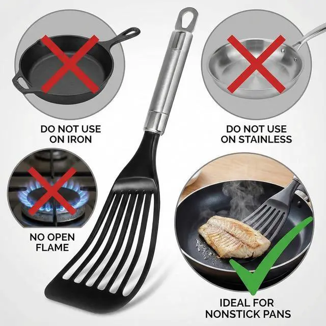 Alt view image 6 of 6 - KSENDALO Thin Flexible Fish Spatula for Nonstick Cookware, Black | Egg Flipper Turner w/Hollow Steel Handle, Slotted Angled LFGB Complaint Nylon Blade, Dishwasher Safe, Silver Handle