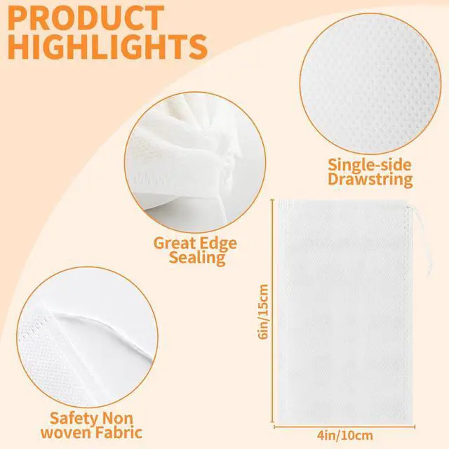 Alt view image 3 of 7 - TamBee 100 Pack Disposable Tea Filter Bags Tea infusers 4" x 6" Empty Muslin Drawstring Seal Filter Tea Bags Drawstring Herb Loose Tea bag for Brew Tea Cold Brew Coffee4" x 6" /10 x 15cm