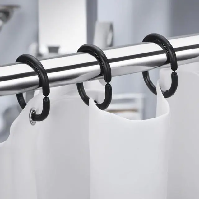 Alt view image 2 of 5 - Plastic Shower Curtain Hooks C Shape Shower Curtain Rings for Bathroom Shower Rod Window Curtains Hanger (Black, 12pack)