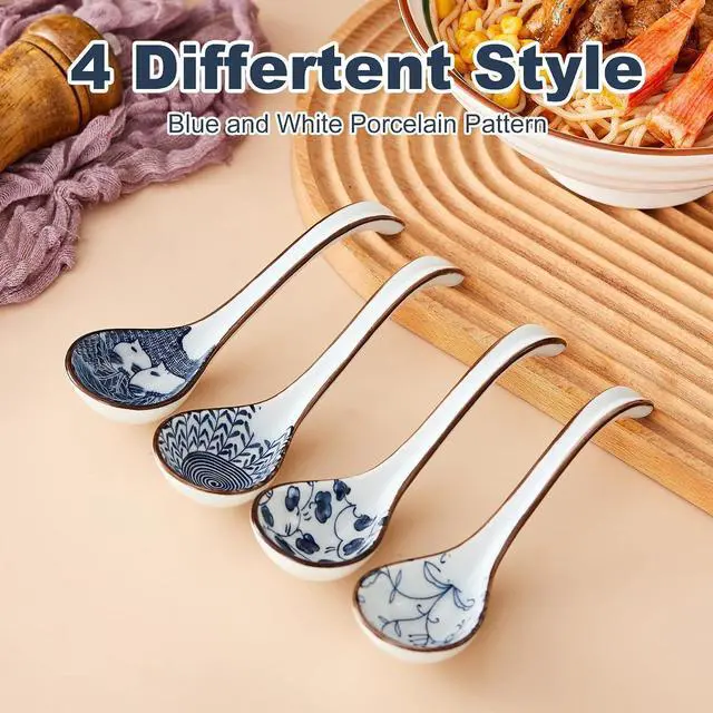 Alt view image 4 of 7 - Ceramic Asian Soup Spoons, Easy to Hold, Long Handle Perfect Depth Spoon Set for Japanese Ramen Noodles, Chinese Dumpling, Pho, Miso, Wonton, Dishwasher Safe -Set of 4 - Blue