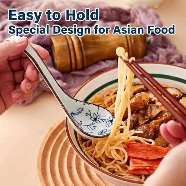 Alt view image 2 of 7 - Ceramic Asian Soup Spoons, Easy to Hold, Long Handle Perfect Depth Spoon Set for Japanese Ramen Noodles, Chinese Dumpling, Pho, Miso, Wonton, Dishwasher Safe -Set of 4 - Blue
