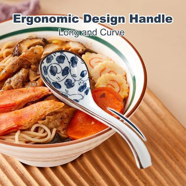 Alt view image 5 of 7 - Ceramic Asian Soup Spoons, Easy to Hold, Long Handle Perfect Depth Spoon Set for Japanese Ramen Noodles, Chinese Dumpling, Pho, Miso, Wonton, Dishwasher Safe -Set of 4 - Blue