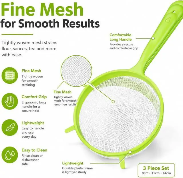 Alt view image 2 of 7 - 3Pcs Green Plastic Strainer, Flour Sifter Set with Long Handle, Fine Mesh Colander for Flour, Coffee, Tea